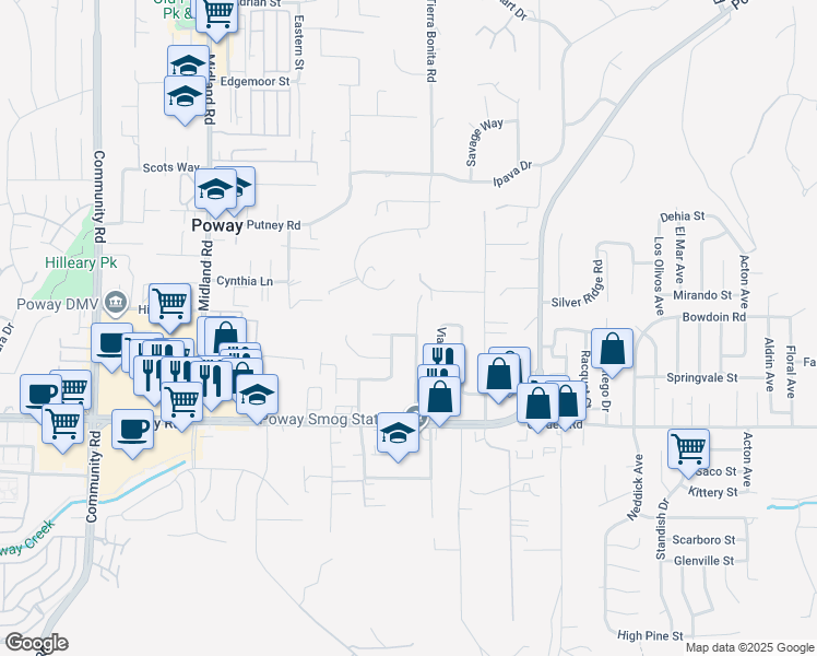 map of restaurants, bars, coffee shops, grocery stores, and more near 13964 Sam O Reno Road in Poway