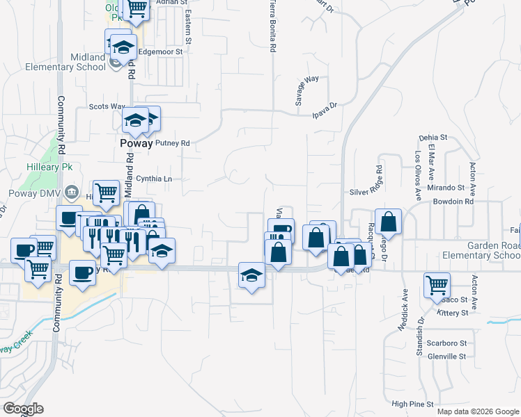 map of restaurants, bars, coffee shops, grocery stores, and more near 13406 Ann O Reno Lane in Poway