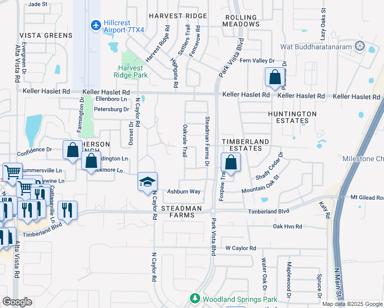 map of restaurants, bars, coffee shops, grocery stores, and more near 12724 Forest Glen Lane in Keller