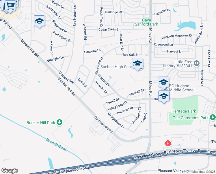 map of restaurants, bars, coffee shops, grocery stores, and more near 3621 Hudson Drive in Sachse