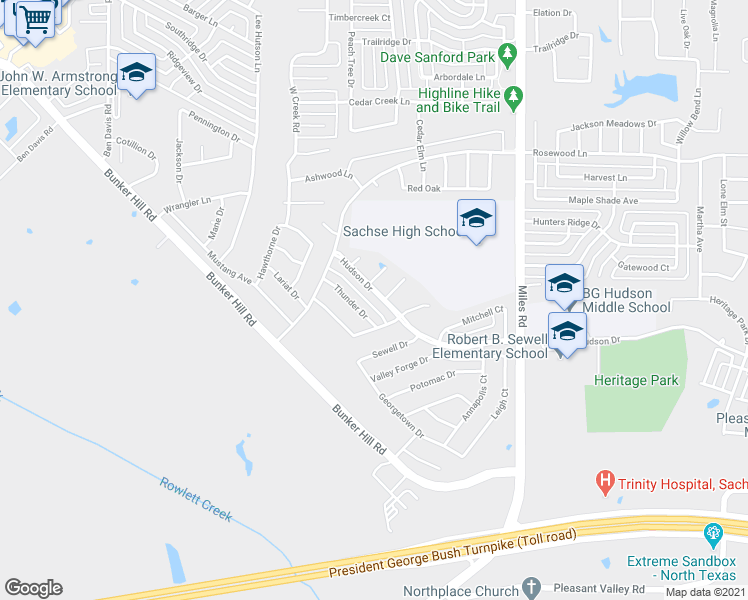 map of restaurants, bars, coffee shops, grocery stores, and more near 3621 Hudson Drive in Sachse