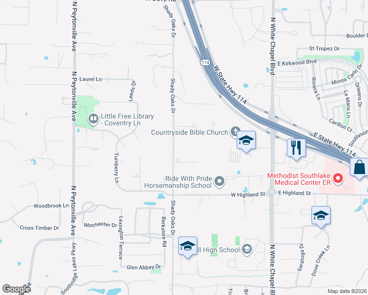 map of restaurants, bars, coffee shops, grocery stores, and more near 1391 Shady Oaks Drive in Southlake