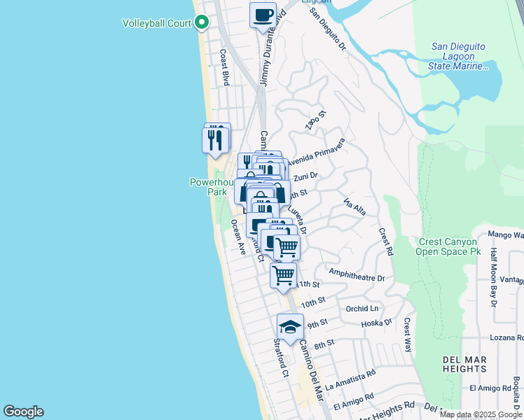 map of restaurants, bars, coffee shops, grocery stores, and more near in Del Mar