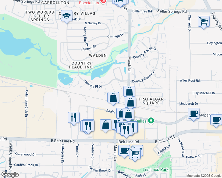 map of restaurants, bars, coffee shops, grocery stores, and more near 2802 Lakeside Lane in Carrollton