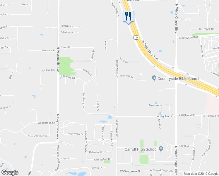 map of restaurants, bars, coffee shops, grocery stores, and more near 1360 Shady Oaks Drive in Southlake