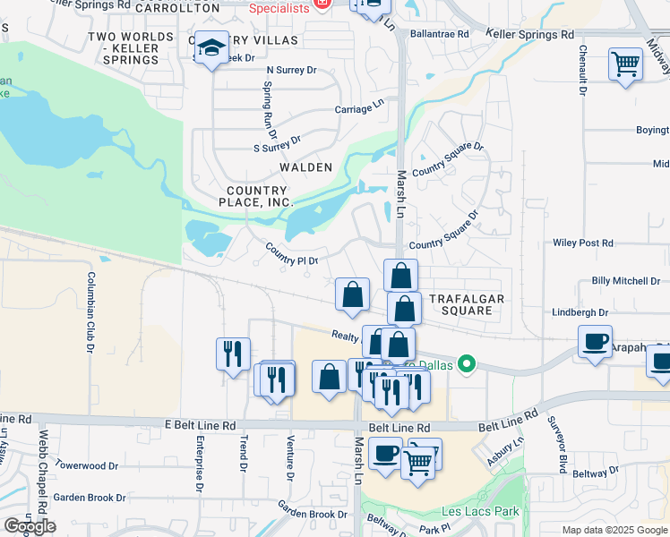 map of restaurants, bars, coffee shops, grocery stores, and more near 2802 Lakeside Lane in Carrollton