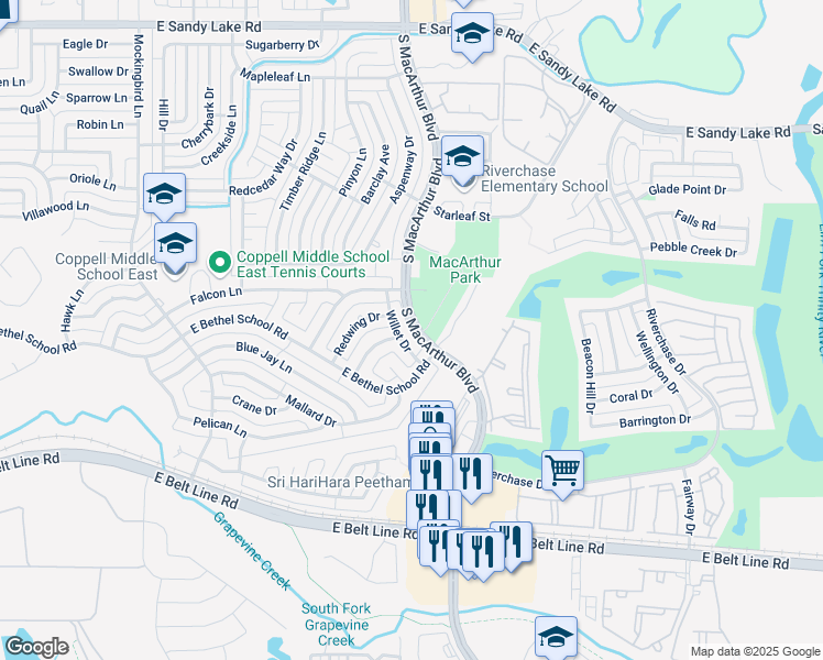 map of restaurants, bars, coffee shops, grocery stores, and more near 406 Willet Drive in Coppell