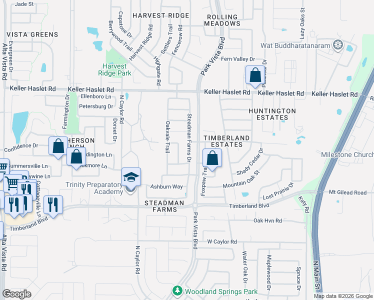 map of restaurants, bars, coffee shops, grocery stores, and more near 12724 Forest Glen Lane in Keller