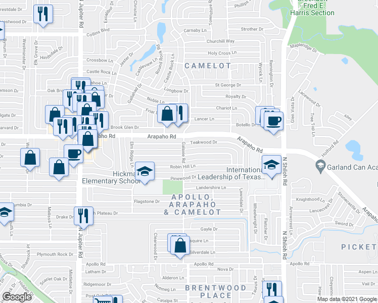 map of restaurants, bars, coffee shops, grocery stores, and more near 2925 Ripplewood Drive in Garland