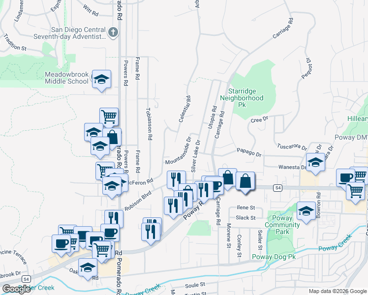 map of restaurants, bars, coffee shops, grocery stores, and more near 13526 Mountainside Drive in Poway