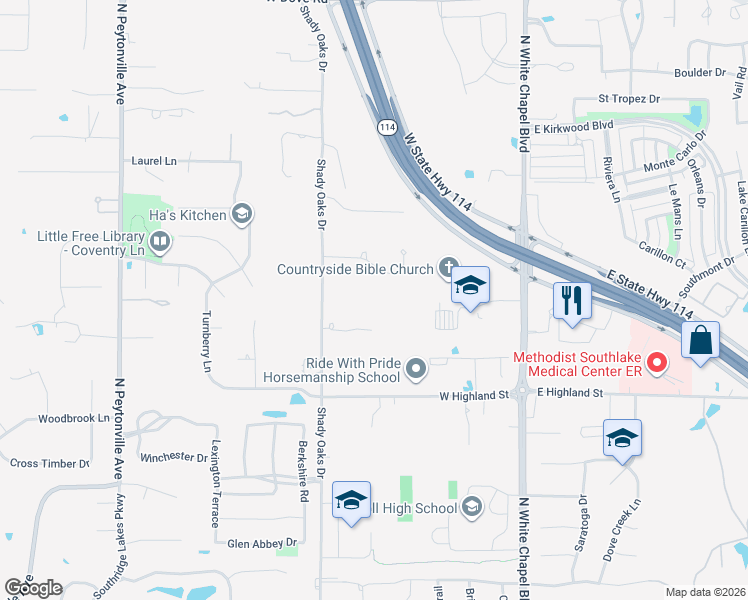 map of restaurants, bars, coffee shops, grocery stores, and more near 1391 Shady Oaks Drive in Southlake