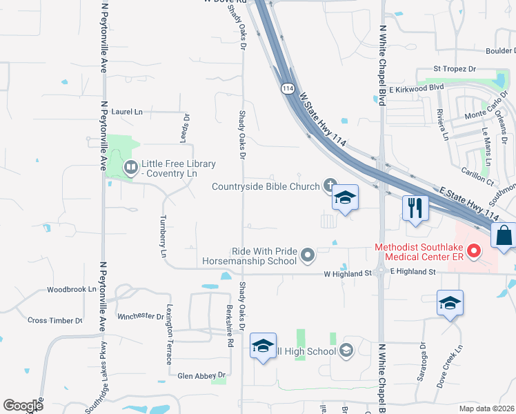 map of restaurants, bars, coffee shops, grocery stores, and more near 1391 Shady Oaks Drive in Southlake