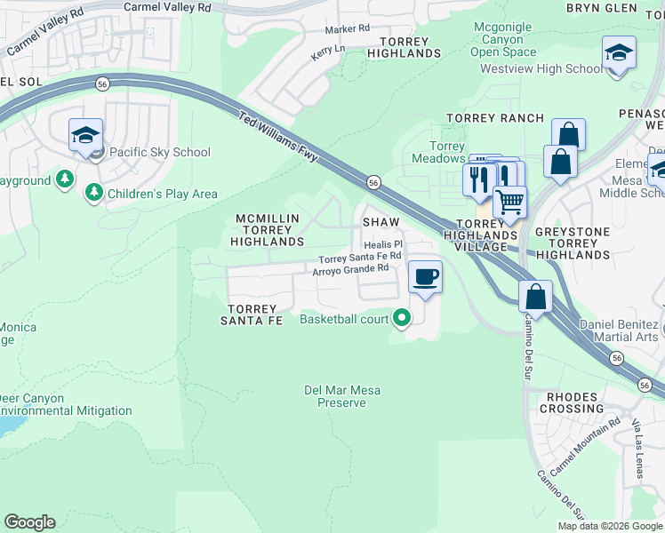 map of restaurants, bars, coffee shops, grocery stores, and more near 7280 Arroyo Grande Road in San Diego