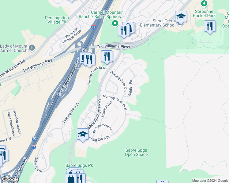 map of restaurants, bars, coffee shops, grocery stores, and more near 10986 Cool Lake Terrace in San Diego