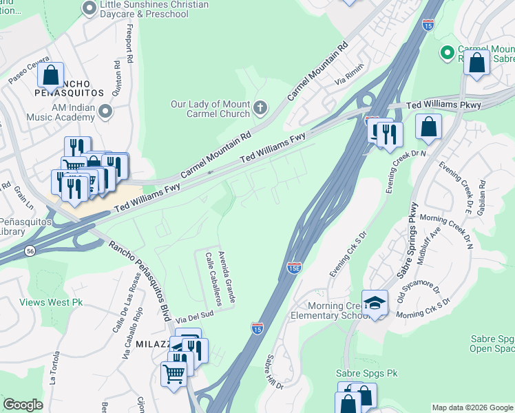 map of restaurants, bars, coffee shops, grocery stores, and more near 13322 Caminito Ciera in San Diego