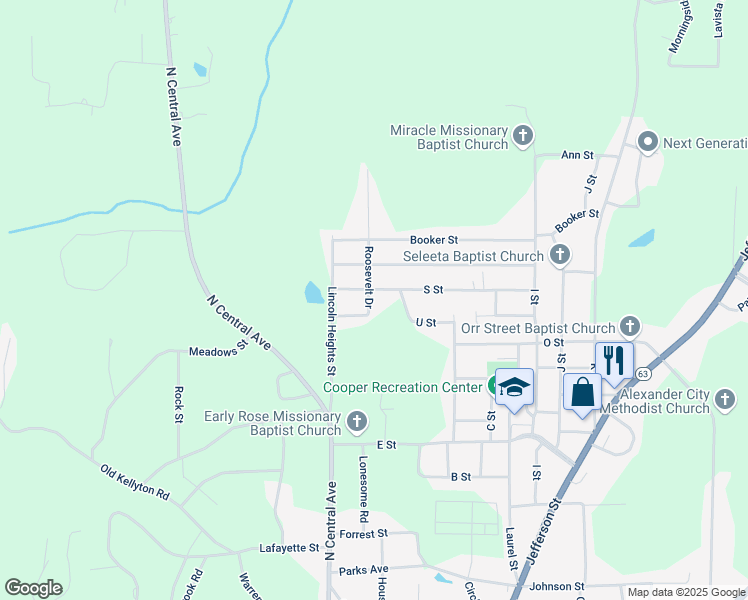map of restaurants, bars, coffee shops, grocery stores, and more near 1238 Roosevelt Drive in Alexander City