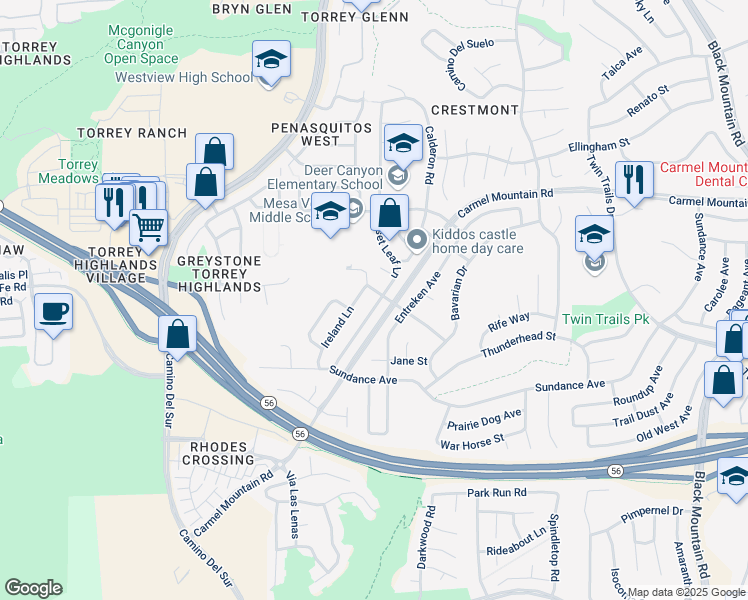 map of restaurants, bars, coffee shops, grocery stores, and more near 13240 Russet Leaf Lane in San Diego