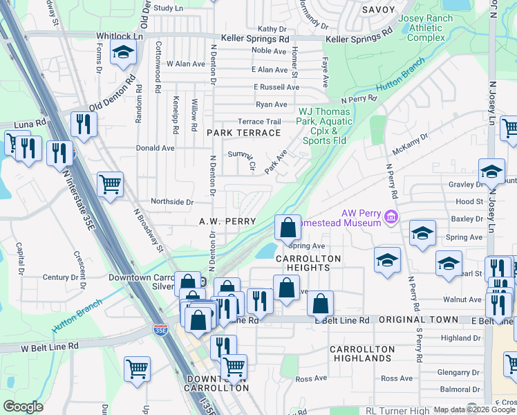 map of restaurants, bars, coffee shops, grocery stores, and more near 1545 Kessler Drive in Carrollton