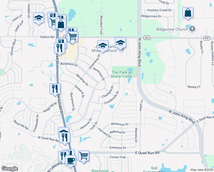 map of restaurants, bars, coffee shops, grocery stores, and more near 129 Deverson Drive in Rockwall