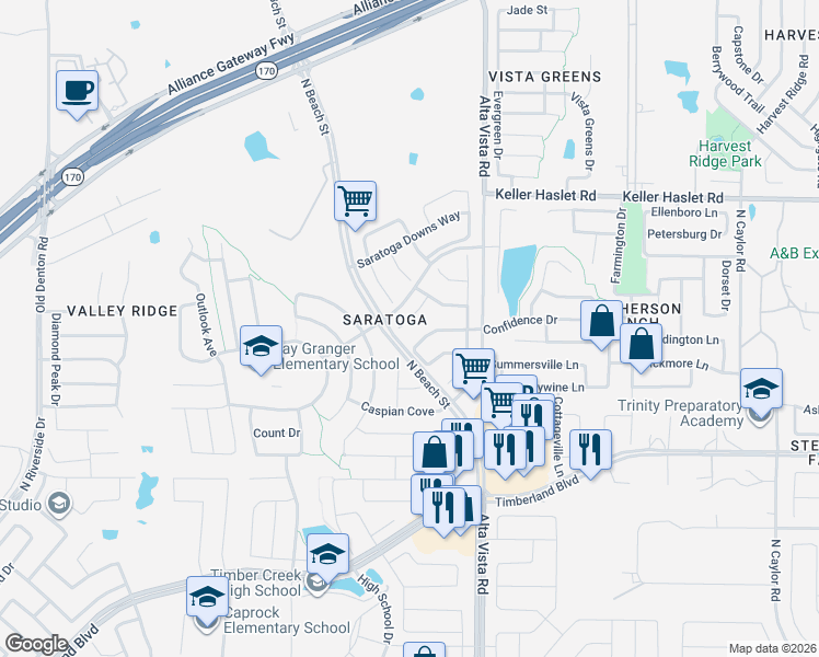 map of restaurants, bars, coffee shops, grocery stores, and more near 12808 Gallant Court in Fort Worth