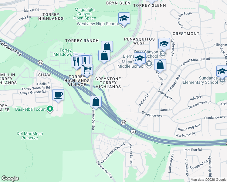 map of restaurants, bars, coffee shops, grocery stores, and more near 13268 Trailhead Place in San Diego