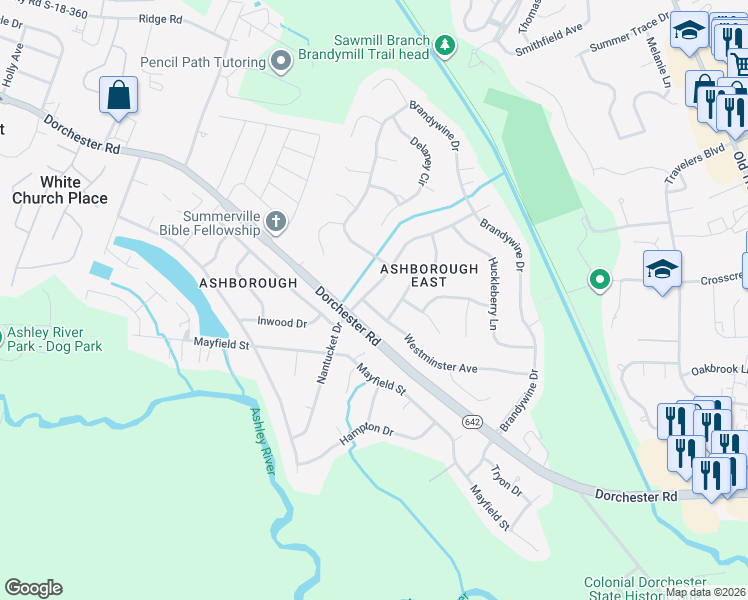 map of restaurants, bars, coffee shops, grocery stores, and more near 302 Middleton Boulevard in Summerville
