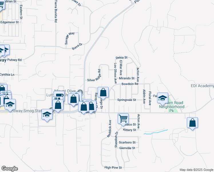 map of restaurants, bars, coffee shops, grocery stores, and more near 13448 Standish Drive in Poway