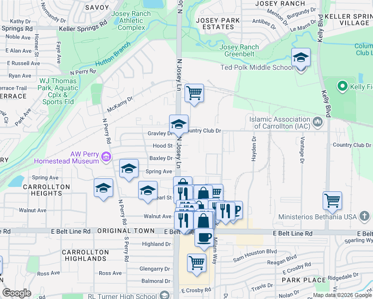 map of restaurants, bars, coffee shops, grocery stores, and more near 1902 Hood Circle in Carrollton