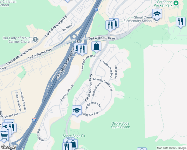 map of restaurants, bars, coffee shops, grocery stores, and more near 13352 Cool Lake Way in San Diego