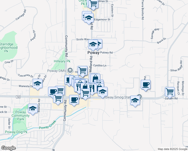 map of restaurants, bars, coffee shops, grocery stores, and more near 13505 Midland Road in Poway