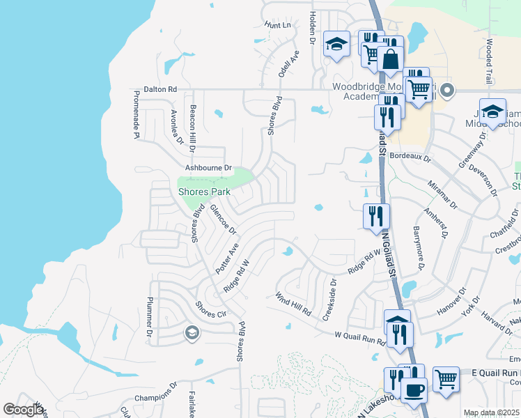 map of restaurants, bars, coffee shops, grocery stores, and more near 1025 Mont Cascades Drive in Rockwall