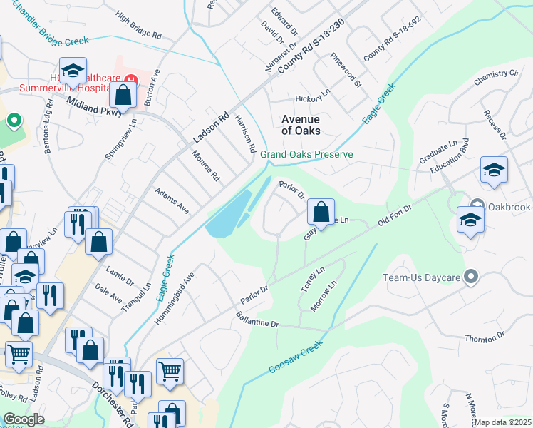 map of restaurants, bars, coffee shops, grocery stores, and more near 9026 Parlor Dr in Ladson