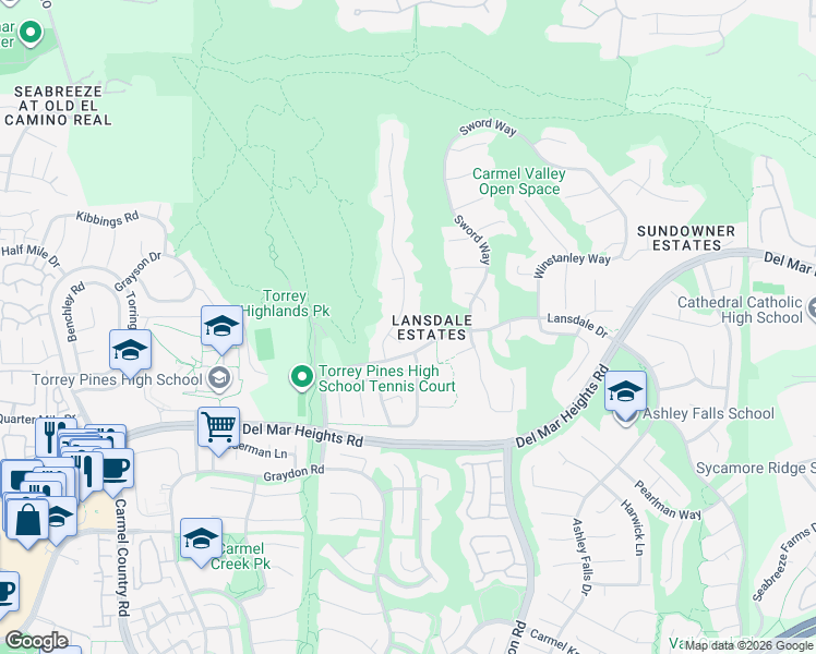 map of restaurants, bars, coffee shops, grocery stores, and more near 13297 Glencliff Way in San Diego