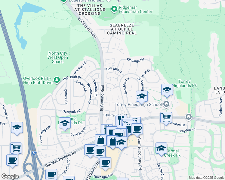 map of restaurants, bars, coffee shops, grocery stores, and more near 3829 Creststone Place in San Diego