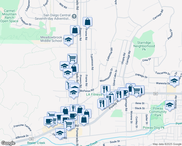map of restaurants, bars, coffee shops, grocery stores, and more near 13440 Tobiasson Road in Poway
