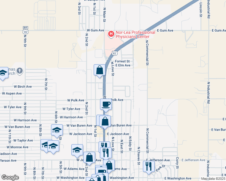 map of restaurants, bars, coffee shops, grocery stores, and more near 1180 North Love Street in Lovington