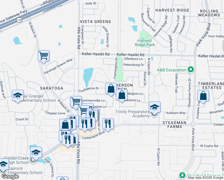 map of restaurants, bars, coffee shops, grocery stores, and more near 3904 Confidence Drive in Fort Worth