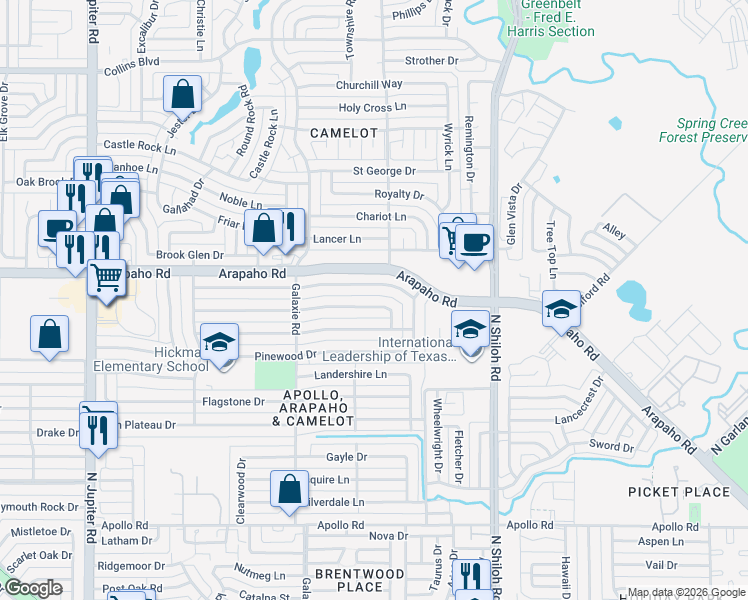 map of restaurants, bars, coffee shops, grocery stores, and more near 2733 Ripplewood Drive in Garland