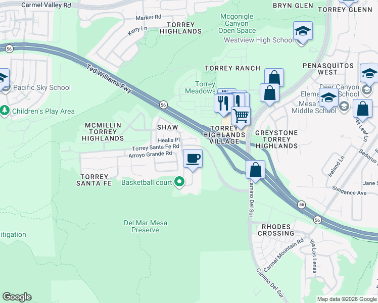 map of restaurants, bars, coffee shops, grocery stores, and more near 7535 Torrey Santa Fe Road in San Diego