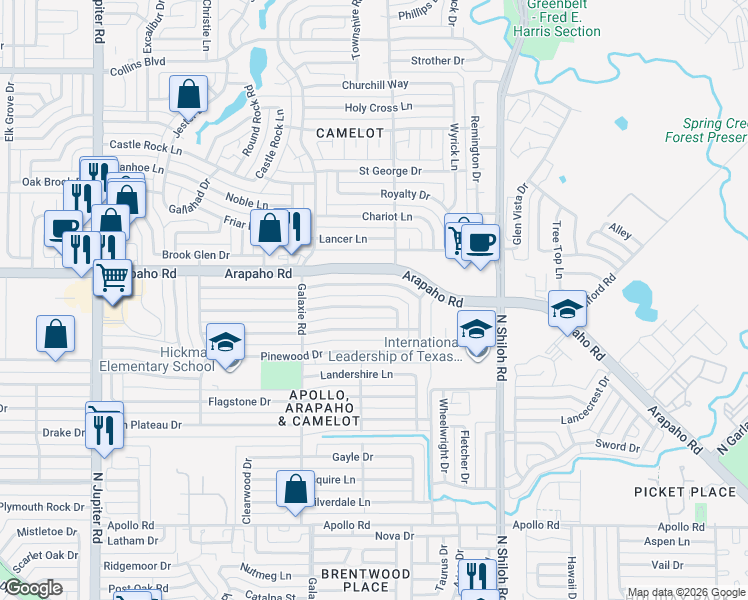 map of restaurants, bars, coffee shops, grocery stores, and more near 2733 Ripplewood Drive in Garland