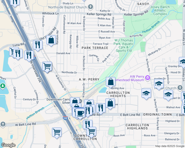 map of restaurants, bars, coffee shops, grocery stores, and more near 1507 Thomas Place in Carrollton