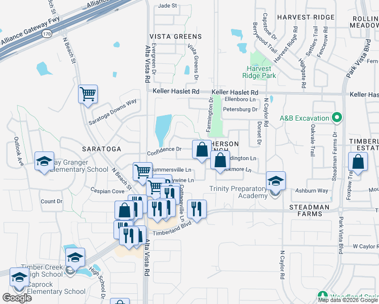 map of restaurants, bars, coffee shops, grocery stores, and more near 3828 Confidence Drive in Fort Worth