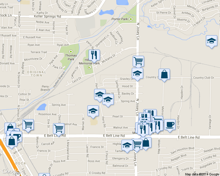 map of restaurants, bars, coffee shops, grocery stores, and more near 1814 Hood Street in Carrollton