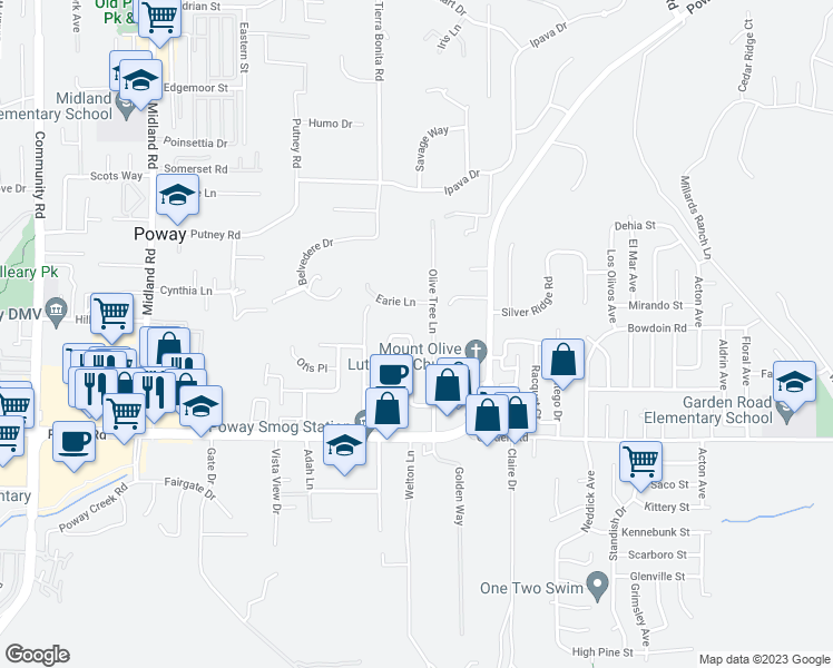 map of restaurants, bars, coffee shops, grocery stores, and more near 13397 Via Stephen in Poway
