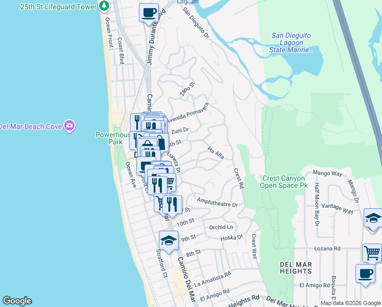 map of restaurants, bars, coffee shops, grocery stores, and more near 561 Van Dyke Avenue in Del Mar