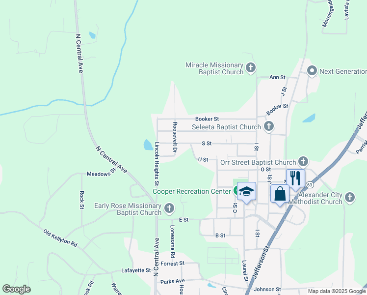 map of restaurants, bars, coffee shops, grocery stores, and more near 1238 Roosevelt Drive in Alexander City