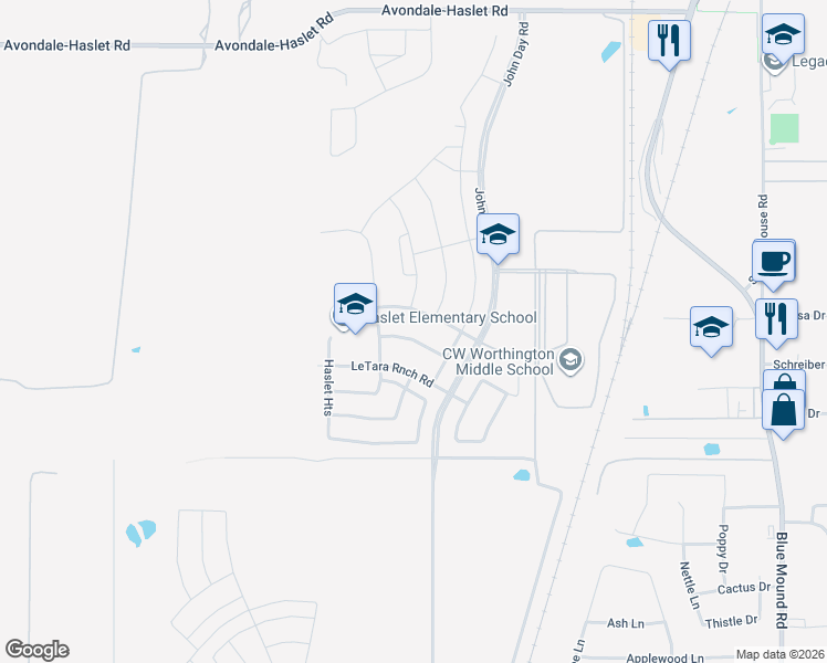 map of restaurants, bars, coffee shops, grocery stores, and more near 504 Prairie View Drive in Haslet