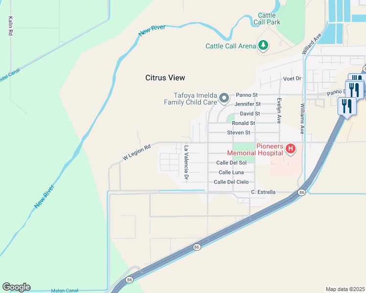 map of restaurants, bars, coffee shops, grocery stores, and more near 1211 La Valencia Drive in Brawley