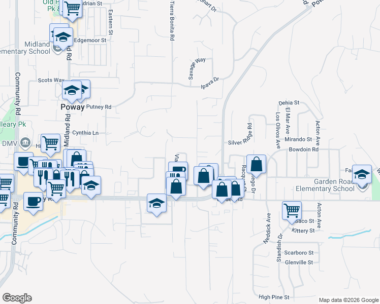 map of restaurants, bars, coffee shops, grocery stores, and more near 13412 Olive Tree Lane in Poway