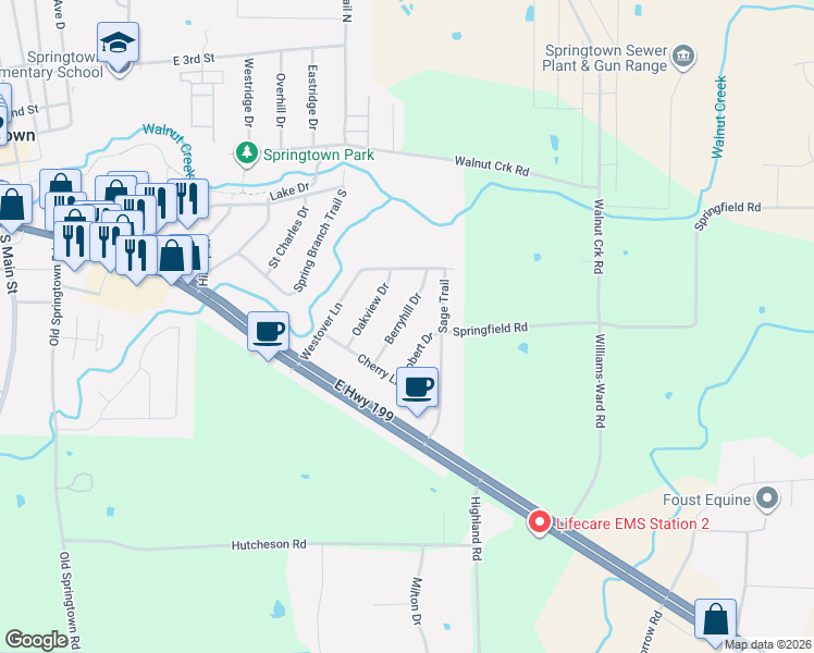map of restaurants, bars, coffee shops, grocery stores, and more near 400 Robert Drive in Springtown